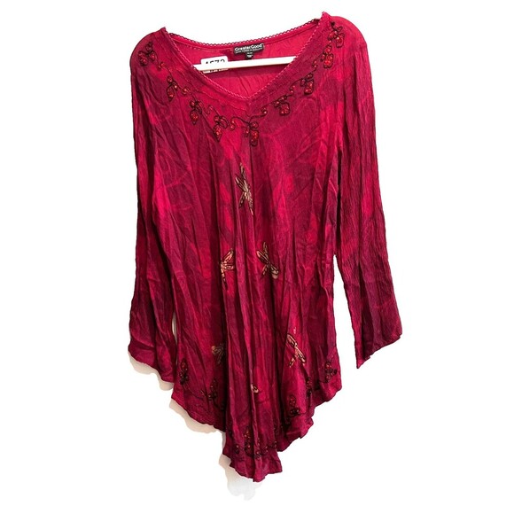 Greater Good Women Burgundy Tunic Blouse 1X/2X Embroidered Boho Lagenlook Hippie - Picture 1 of 7